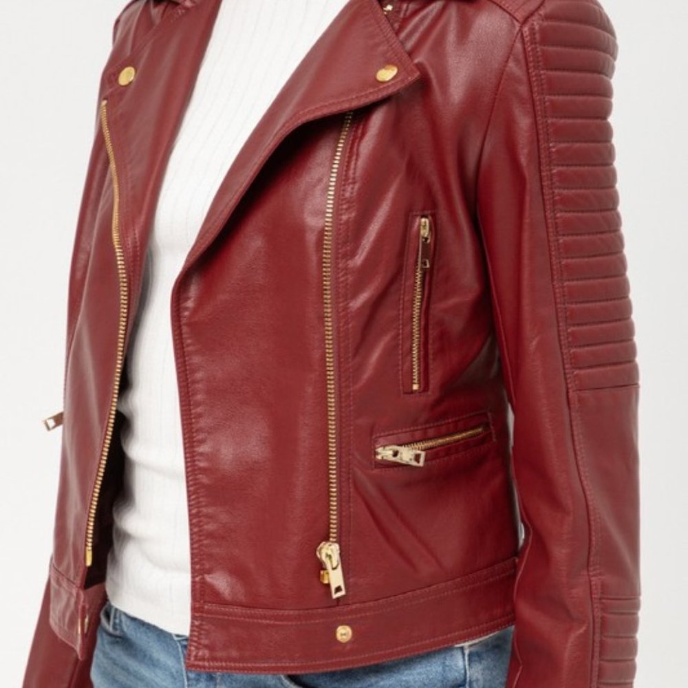 !! LAST ONE !!  Faux Leather Moto Jacket - Wine, Size Medium - PRICE FIRM - Picture 4 of 5